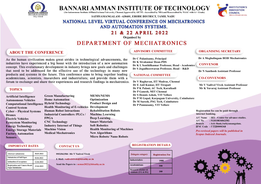 National Level Virtual Conference on Mechatronics and automation Systems NCMAS 2022